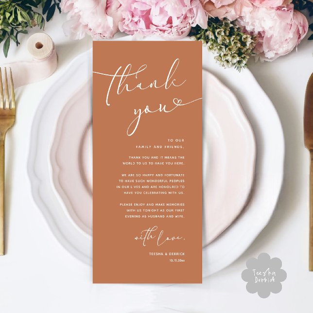 Cartões de agradecimentos Romântico moderno (Modern Romantic Wedding Reception Dinner Thank You Card in Copper Brown Terracotta)