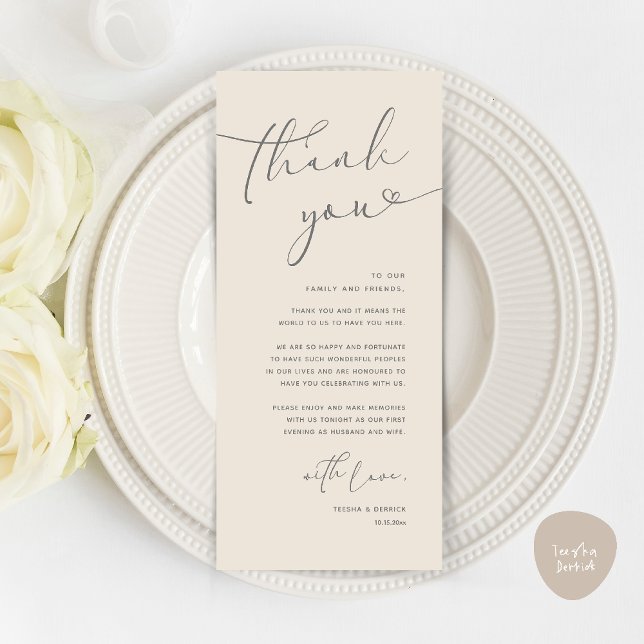 Cartões de agradecimentos Romântico moderno (Modern Romantic Wedding Reception Dinner Thank You Card in Cream Grey)