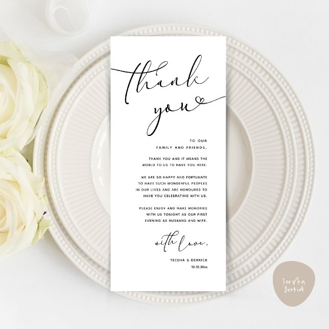 Cartões de agradecimentos Romântico moderno (Modern Romantic Wedding Reception Dinner Thank You Card in Black and White)