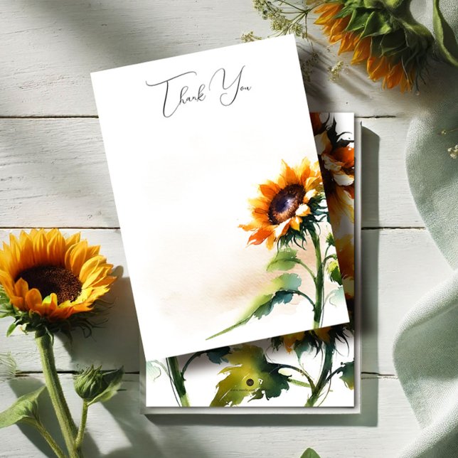 Cartões de agradecimentos Rústico Girassol (Sunflower wedding stationery features thank you card with watercolor floral design)