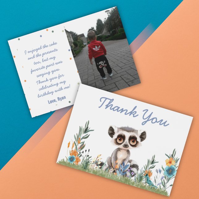 Cartões de agradecimentos Safari (Safari Jungle Personalizable Photo Colorful Watercolor Flowers Monkey Birthday Thank You Card)