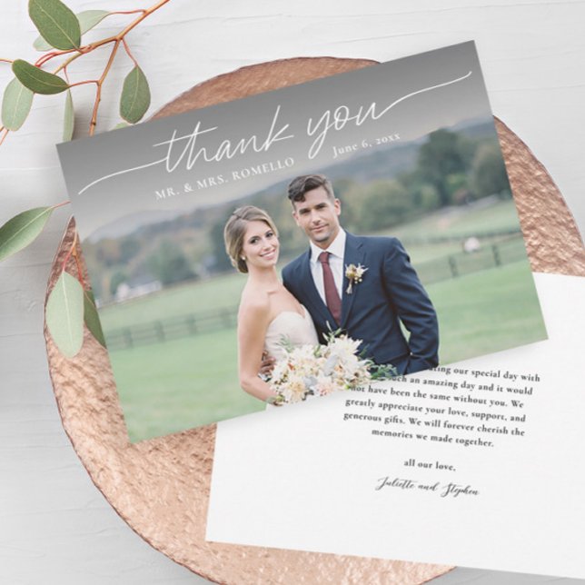 Cartões de agradecimentos Simples de Casamento de  (Elegant simple photo overlay wedding thank you card with message from the couple on the back.)