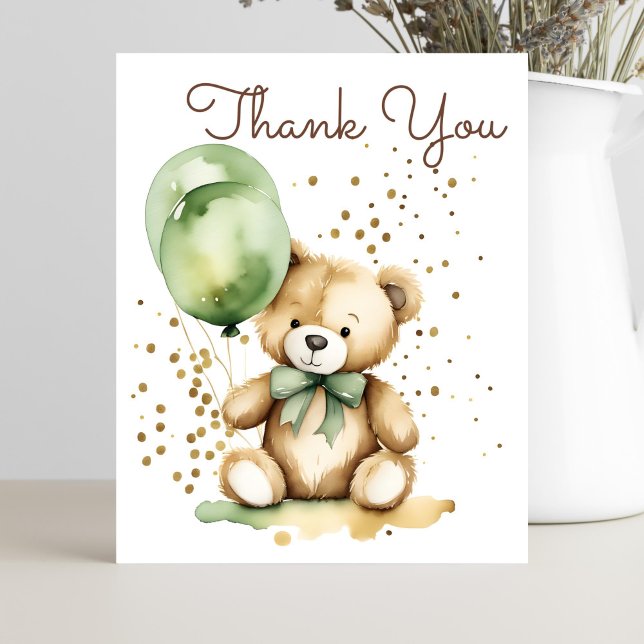 Cartões de agradecimentos verde ursinho de espera  (Sage green teddy bear baby shower thank you card cute teddy with green balloons gold sprinkles)