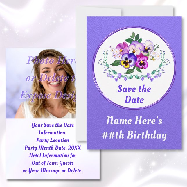 Cartões de Aniversário, Salve a Data com FOTO (Pansy Birthday. Personalized, Save the Dates. Floral Save the Date Cards. Purple Save the Date Cards)