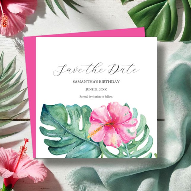 Cartões de Aniversário Tropical para Salvar a Data (Tropical sweet 16 Birthday party save the date card watercolor pink floral art Victoria Grigaliunas)