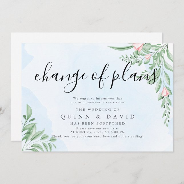 Cartões de Anúncio de Casamento Adiados Dusty Blue (Frente/Verso)