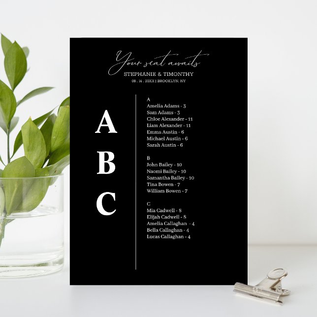 Cartões de Assento de Convidado para Casamento Alf (Convenient and organized wedding seating chart with alphabetical name arrangement.)