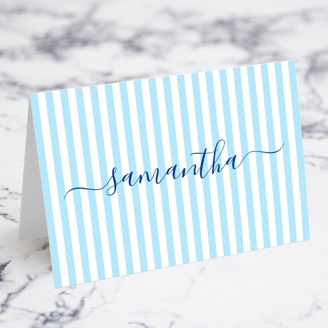 Cartões de Assinatura com Listras Azuis Claras e B (Light Blue and White Stripes Individual Name Signature Place Cards)