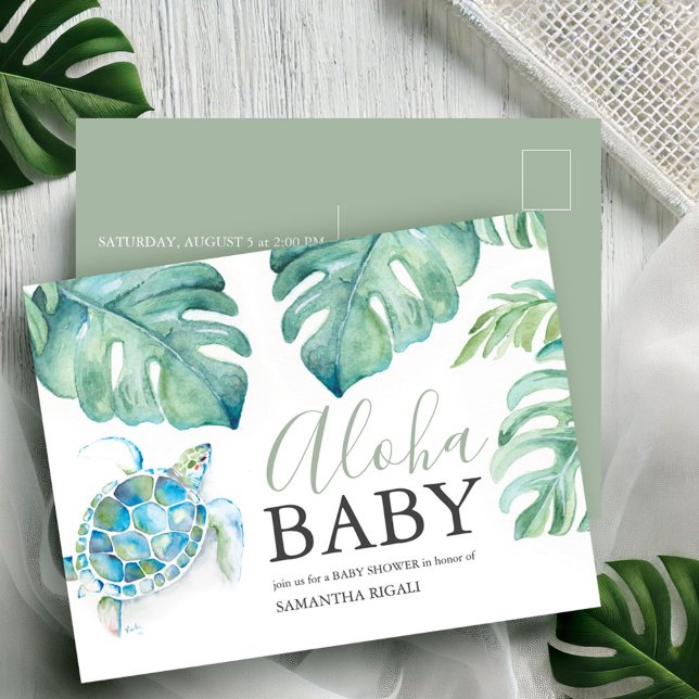 Cartões de Bebê Tropicais Aloha (Tropical baby shower invitation postcard watercolor sea turtle palm leaf art by Victoria Grigaliunas)