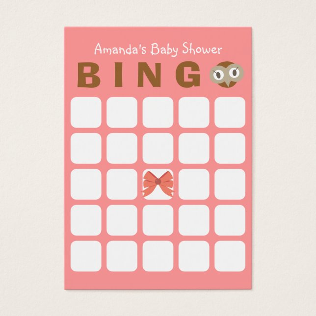 Cartões de Bingo de Chá de fraldas 5x5, rosa-coruj (Frente)