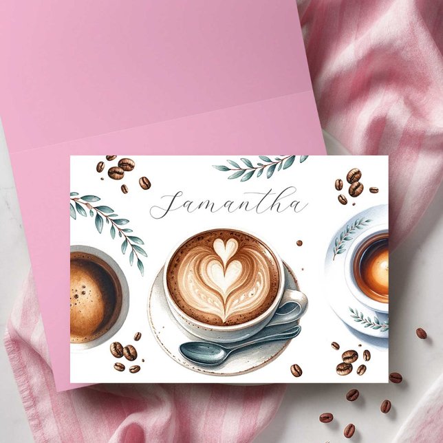 Cartões de Boas-Vindas do Chá de Panela Tema Café  (pink coffee bridal shower theme greeting cards on sale small business owner Do Tell A Belle)