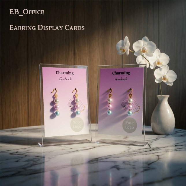Cartões de Brincos de Menina com Cores de Ouro Ros (Vertical 2.5”x3.5” pink gradient, Earring Cards, with front logo and business details on the back.)