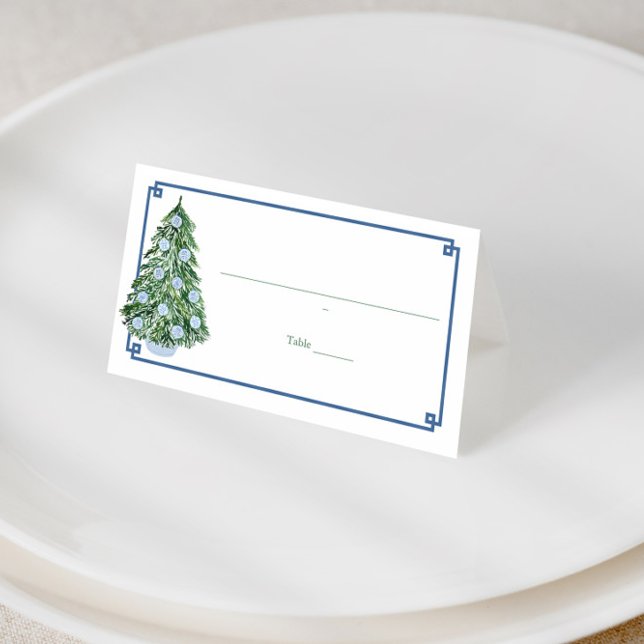 Cartões de Buffet da Comida de Natal da China (Preppy blue and green chinoiserie holidays tree place cards with tartan backer)