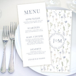 Cartões de cardápio de flores silvestres azuis