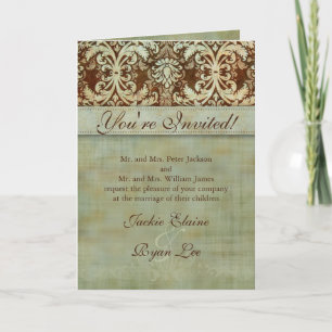 Cartões de Casamento Damask Brown Green Vintage