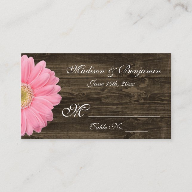 Cartões de Casamento Rustic Wood Pink Gerber Daisy (Frente)