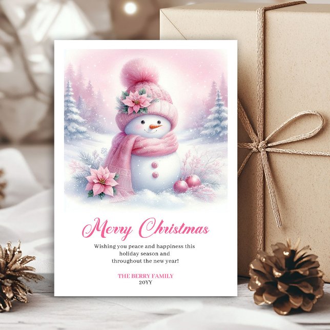 Cartões de Cena de Natal Digital de Boneco de Neve (Trendy Pink Snowman Digital Christmas Scene Greeting Card

)