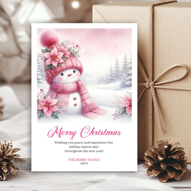 Cartões de Cena de Natal Imprimível de Boneco de N (Cozy Pink Snowman Printable Christmas Scene Greeting Card

)