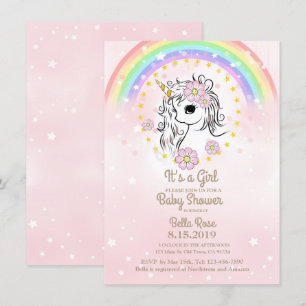 Cartões de Chá de fraldas Rosa Unicorn RainBow Gir