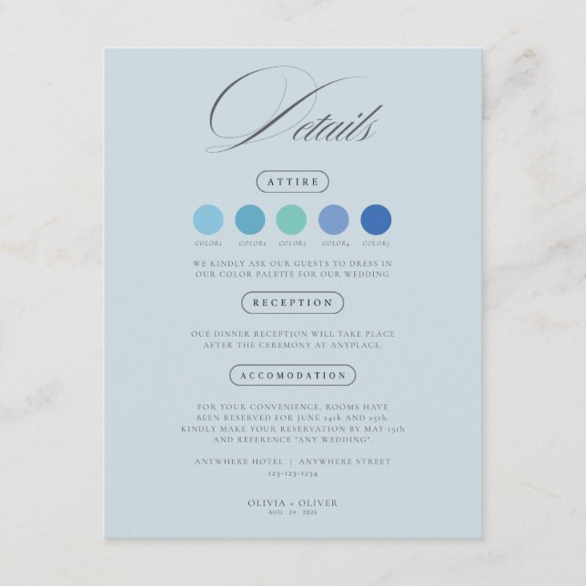 Cartões de código de vestimenta de casamento azul  (Frente)