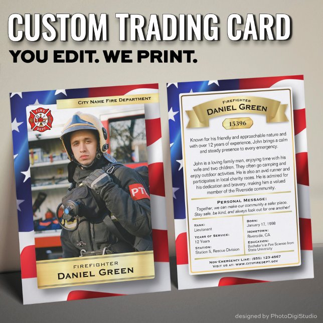 Cartões de Comércio de Bombeiros Personalizados -  (Custom Fireman Trading Cards with USA Flag and Gold Elements)