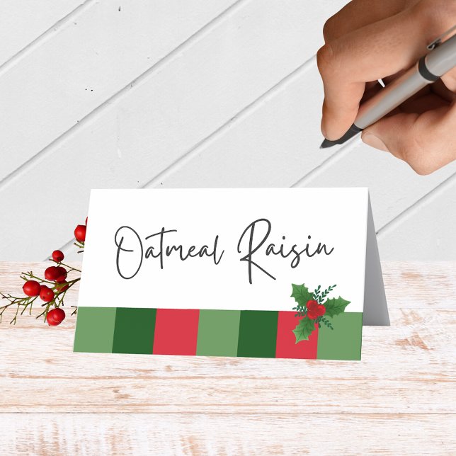 Cartões de Comida, Bebida ou de posição com holly  (Elegant Christmas Folding Label Cards for Food & Drink Labels, Place Cards, Contests and More)