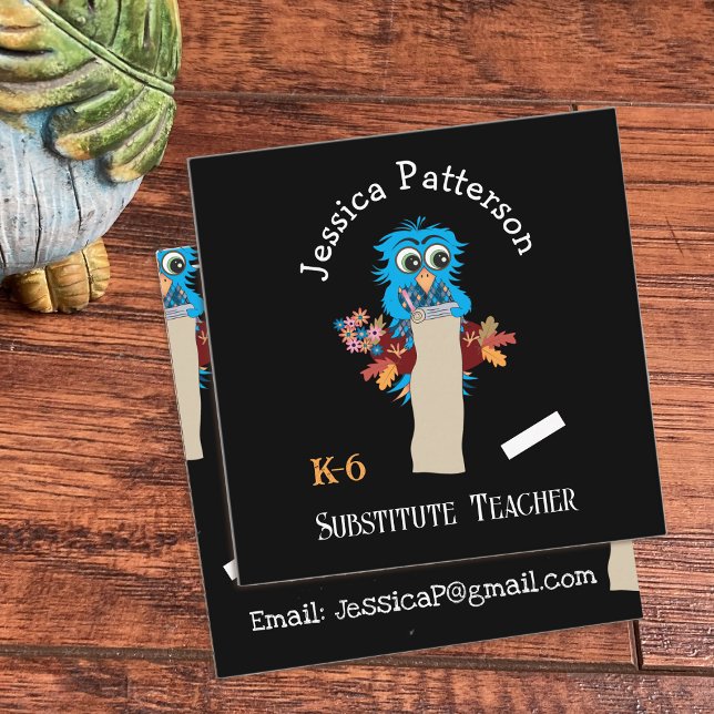 Cartões de contato do professor substituto do coru (Blue owl substitute teacher square business cards .
)