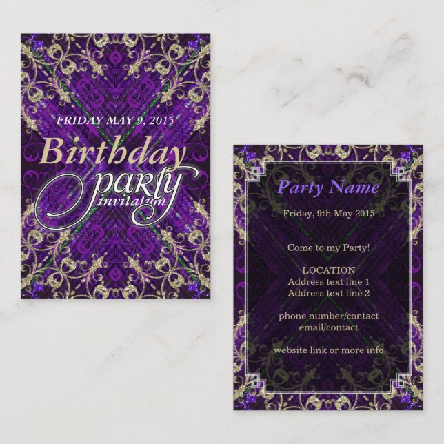 Cartões de Convite de Aniversário Dourado Roxo Dec (Frente/Verso)