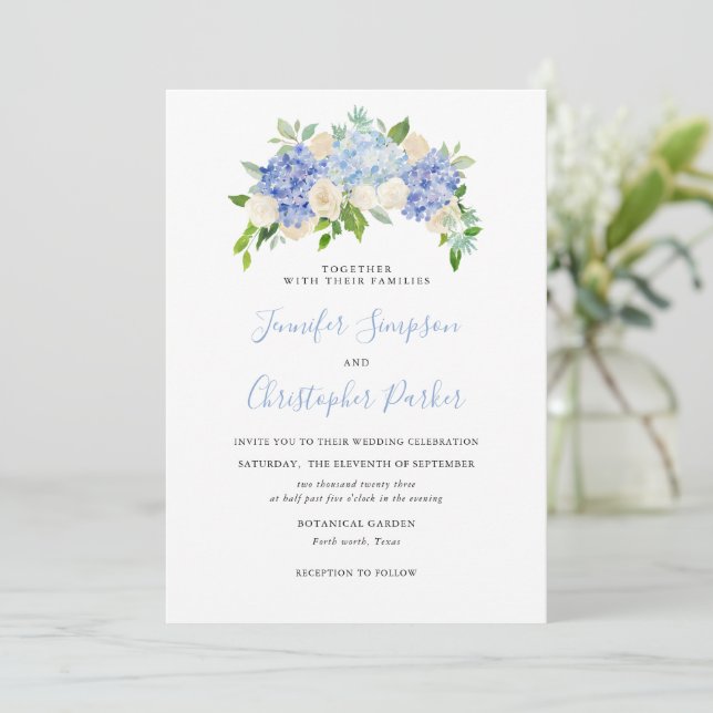 Cartões de Convite para Casamento de Hydrangea Blu (Em pé/Frente)