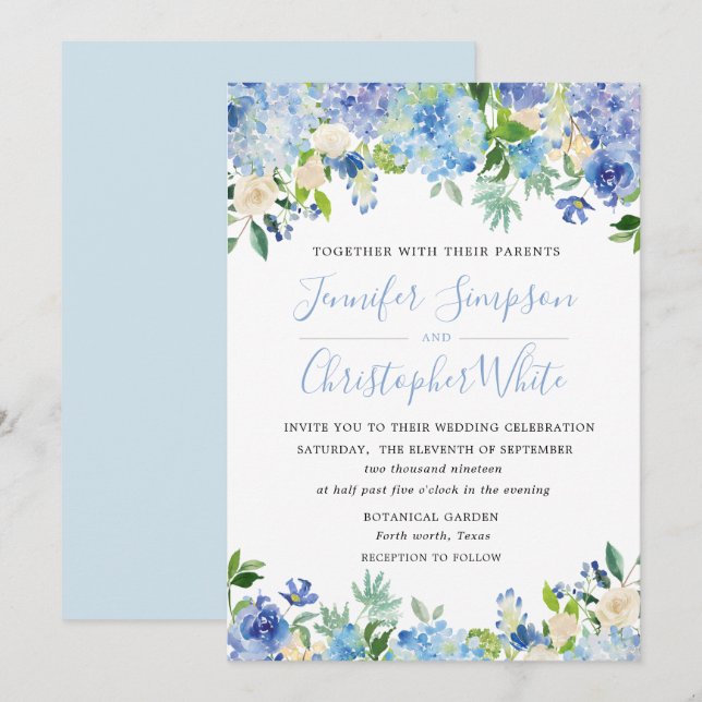 Cartões de Convite para Casamento de Hydrangea Blu (Frente/Verso)