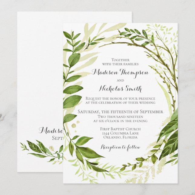 Cartões de Convite para Casamento Greenery Wreath (Frente/Verso)