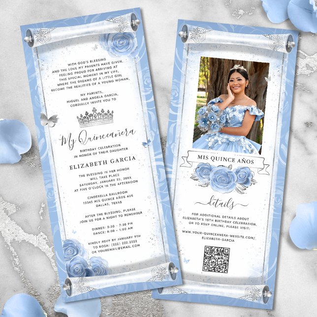 Cartões de Convite para Percorridas de Aniversário (Elegant light blue and silver quinceanera scroll invitation cards for a Cinderella birthday party.)