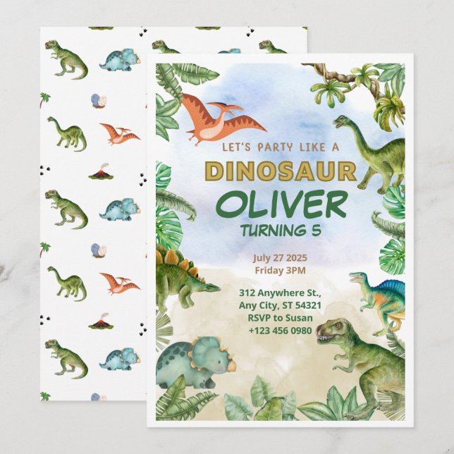 Cartões de Convites de Aniversário do Dinosaur Din (Frente/Verso)