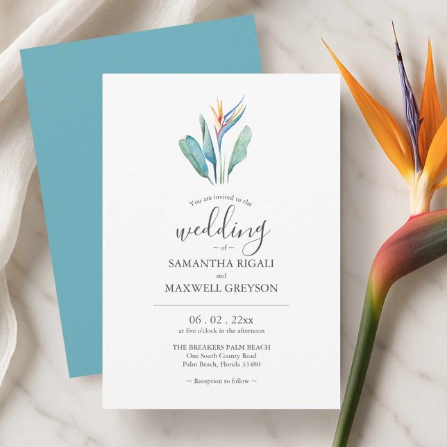 Cartões de Convites para Casamento de Paraíso (Wedding invitations cards watercolor tropical bird of paradise art by Victoria Grigaliunas)