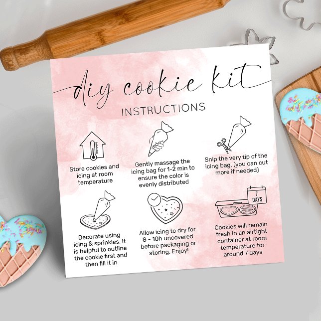 Cartões de cuidado do kit de decoração de cookies  (DIY cookie decorating kit care cards with icons, pink watercolor background and space for your logo)
