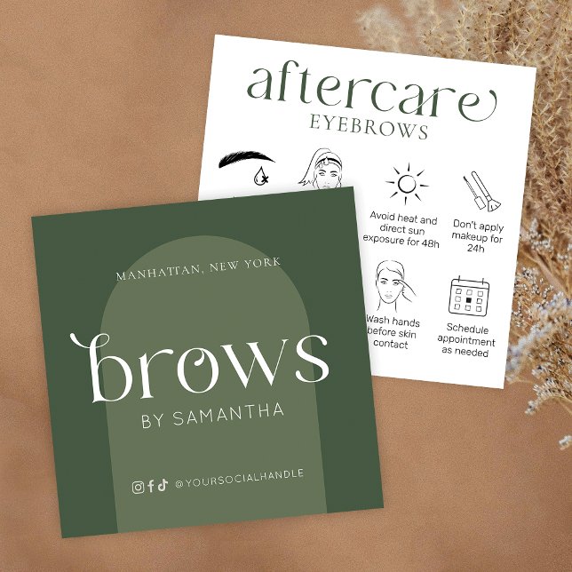 Cartões de Cuidados Modernos de Boho Sage (Brows aftercare instructions cards in sage green and white with care icons, & modern fonts)
