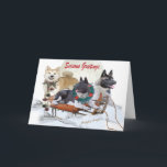 Cartões de cumprimentos da estação de Akita<br><div class="desc">Três Akita bonitos na cena do inverno com cumprimentos da estação para os feriados do Natal são um cartão colorido pelo design de Friskybizpet.</div>