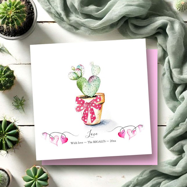 Cartões de Dia de os namorados bonitos Cactus card (Valentines day cards heart shaped watercolor cactus art by Victoria Grigaliunas of Do Tell A Belle)