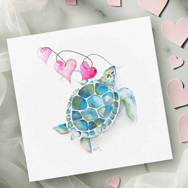 Cartões de Dia de os namorados de tartaruga mini m (Beach Valentines cards with watercolor sea turtle and hearts)