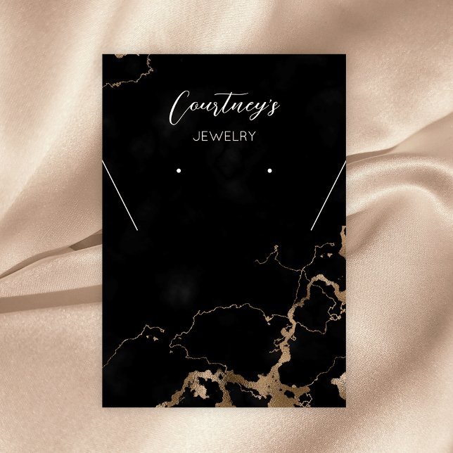 Cartões de Exibição de Joias Glitários Pretos e Do (Black marble and gold glitter rectangle jwelry display cards)