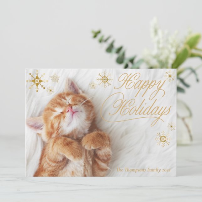 Cartões de Férias Felizes com Gatinho e Pelo Branc (Em pé/Frente)