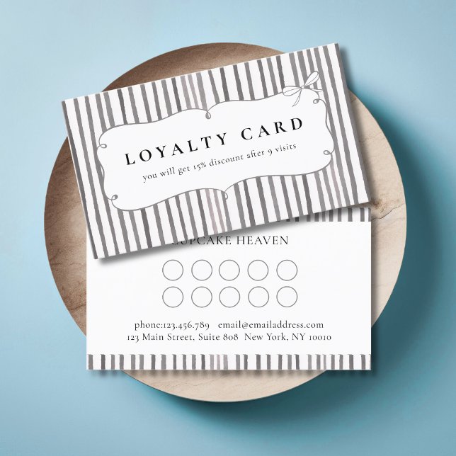 Cartões de Fidelidade com Listra Cinza e Branco Vi (Gray White Stripe Vintage Bow Loyalty Cards)