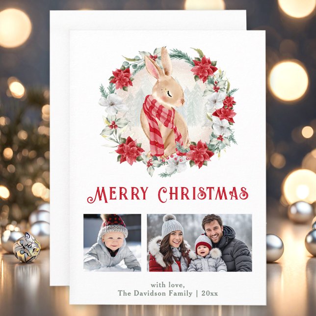 Cartões de foto de Natal Bonito de Coelhinho de In (Cute Winter Bunny Poinsettia Christmas Photo Card)