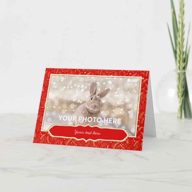 Cartões de foto de Natal - Borda Dourada Vermelha (Frente)