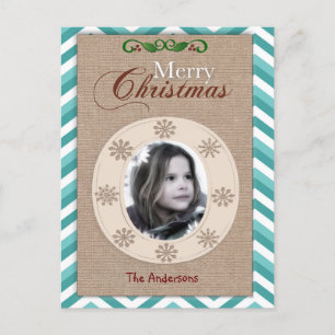 Cartões de foto de Natal Burlap e Aqua Chevron