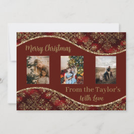 Cartões de foto de Natal com borda vermelha Dourad