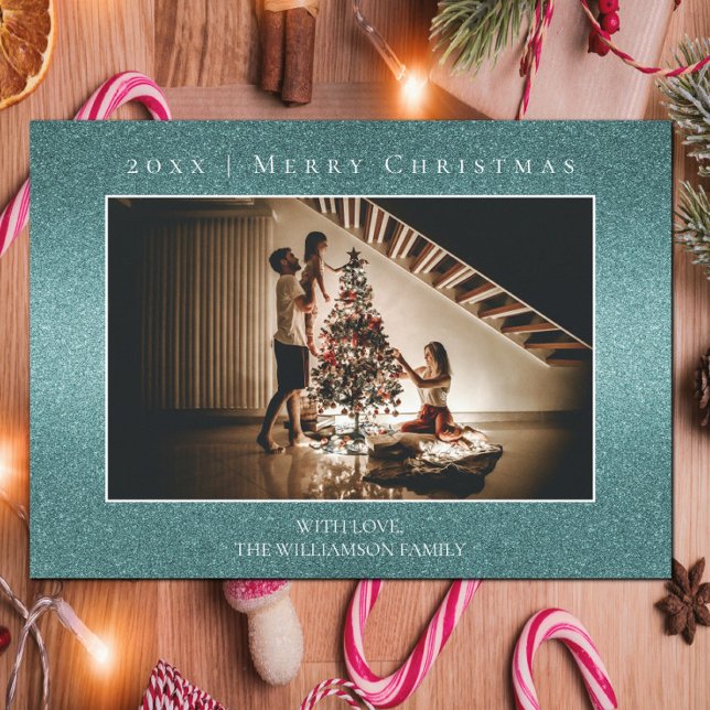 Cartões de foto de Natal de Coleta Teal (Teal Glitter Christmas Photo Card)