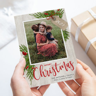 Cartões de foto de Natal de fazenda verde com eti