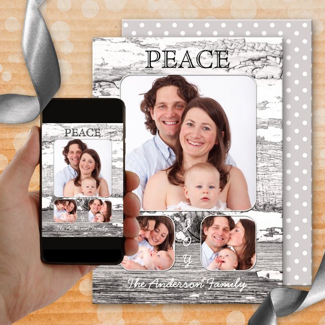 Cartões de foto de Natal De Madeira Retro-Russo (A retro Christmas card featuring your own photos framed by a rustic wood design)