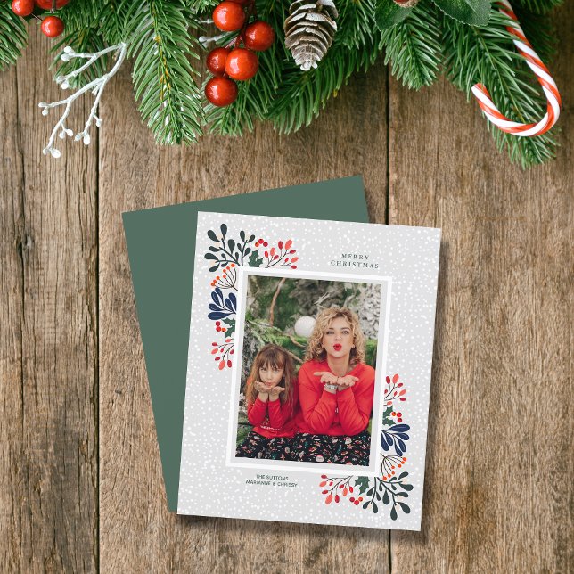 Cartões de foto de Natal de neve das flores de inv (Winter flowers and snowflakes Christmas holiday photo cards)
